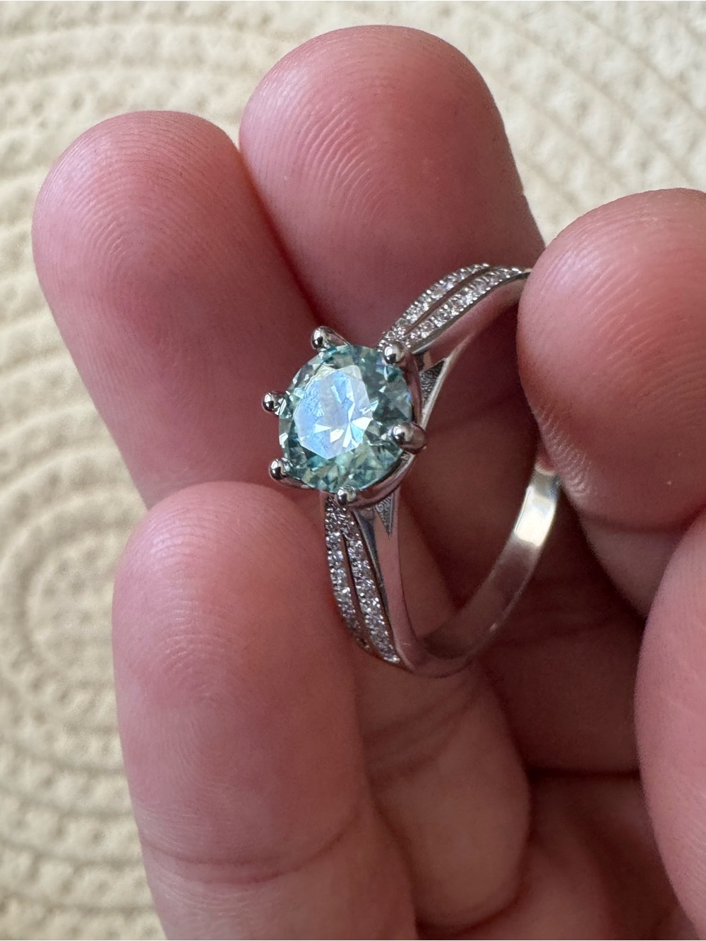 1 CT Aqua Light Blue-Green Moissanite Engagement Ring - Size 10 (GRA Certified) - Picture 9 of 10